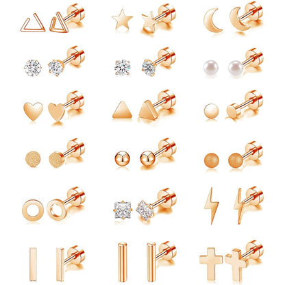 18 Pairs Stainless Steel Stud Earrings Set for Women Men Star Moon flower Heart Leaf Opal 20G Cartilage Earrings Hypoallergenic Flatback Earrings Piercing Jewelry