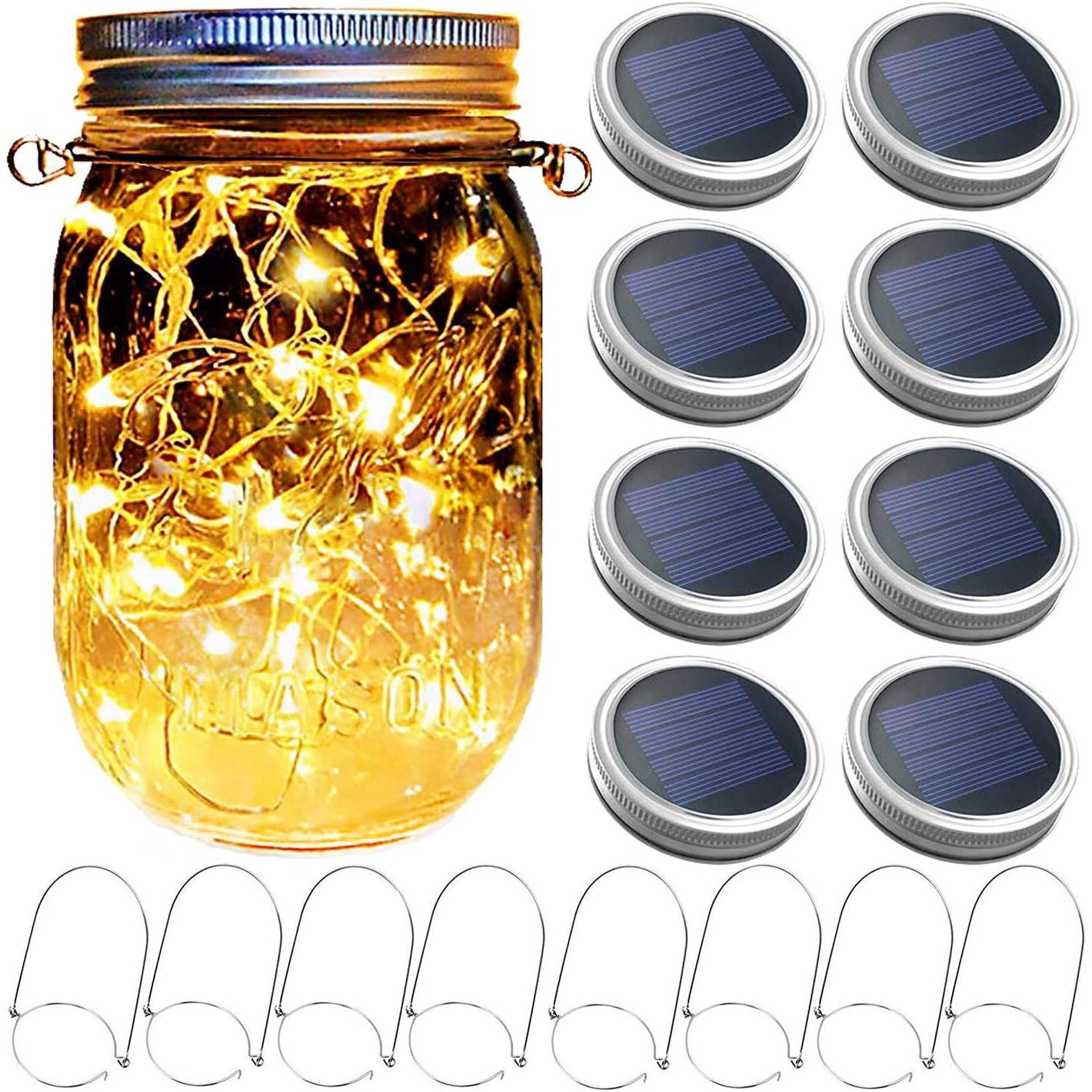 Buy now Mason Jar Solar Lantern Lights, 8 Pack 30 LED Bulbs Fairy Star Firefly Solar Lids Jar Lights,8 Hangers Included(No Jars),for Patio Garden Mason Jar Lanterns Table Wedding Decorations Lights at indiglob india