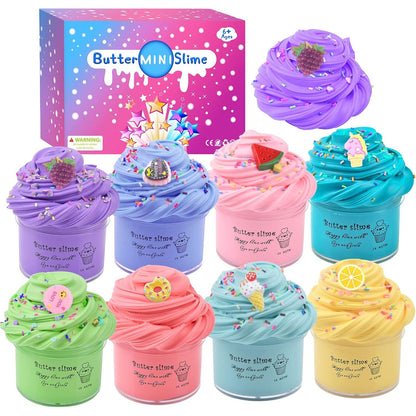 8 Pack Butter Slime Kit with Cake, Animal, Candy and Fruit Accessories - Super Stretchy, Non-Sticky, Educational Stress Reliever for Kids, Boys and Girls