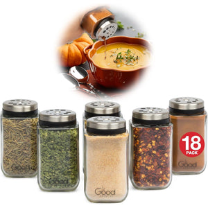 Adjustable Glass Spice Jars (Set of 12) with 6 Pouring Sizes- Stainless Steel Lid/Cap- Square Seasoning Bottle Containers for Minimalist Kitchen Pantry Storage Organization- Fill Shaker w Salt Pepper