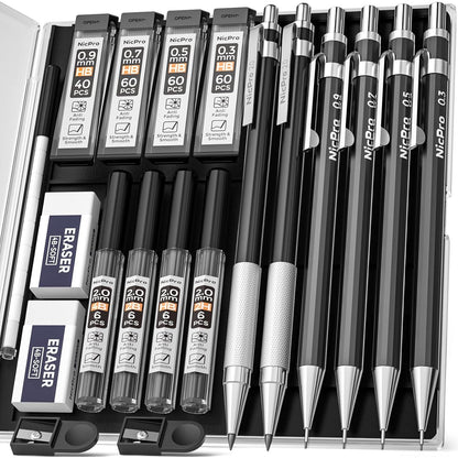 Nicpro 6PCS Metal Mechanical Pencil Set, Full Copper Drafting Pencil 0.3, 0.5, 0.7, 0.9 mm & 2PCS 2mm Graphite Lead Holder(4B 2B HB 2H) For Art Sketching Drawing With Lead Refills Eraser Case