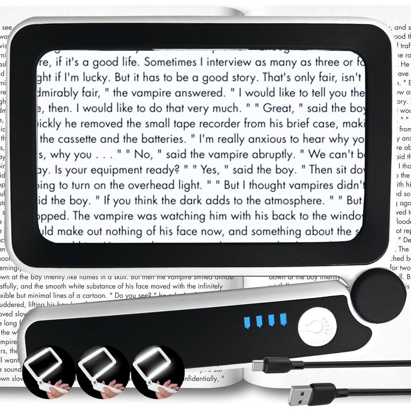 MAGNIPROS Rechargeable 4X Magnifying Glass with Light for Reading, Large Foldable LED Page Magnifier, Dimmable Handheld Rectangle Magnifier for Seniors, Small Print, Low Vision Books