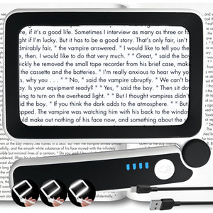 MAGNIPROS Rechargeable 4X Magnifying Glass with Light for Reading, Large Foldable LED Page Magnifier, Dimmable Handheld Rectangle Magnifier for Seniors, Small Print, Low Vision Books