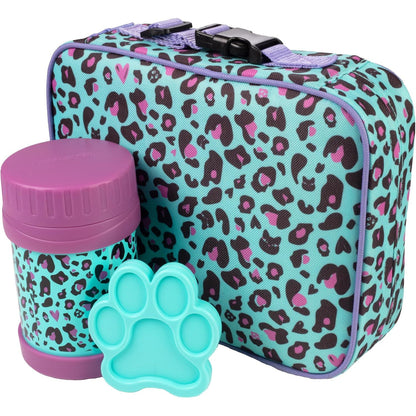 Bentology Kids Lunch Bag Set w Matching Reusable Food Jar & Hard Ice Pack- Cheetah- Insulated Tote, Stainless Steel thermos & Freezer Pack to Keeps Food Fresh for Hours- Back to School Lunch Box Kits