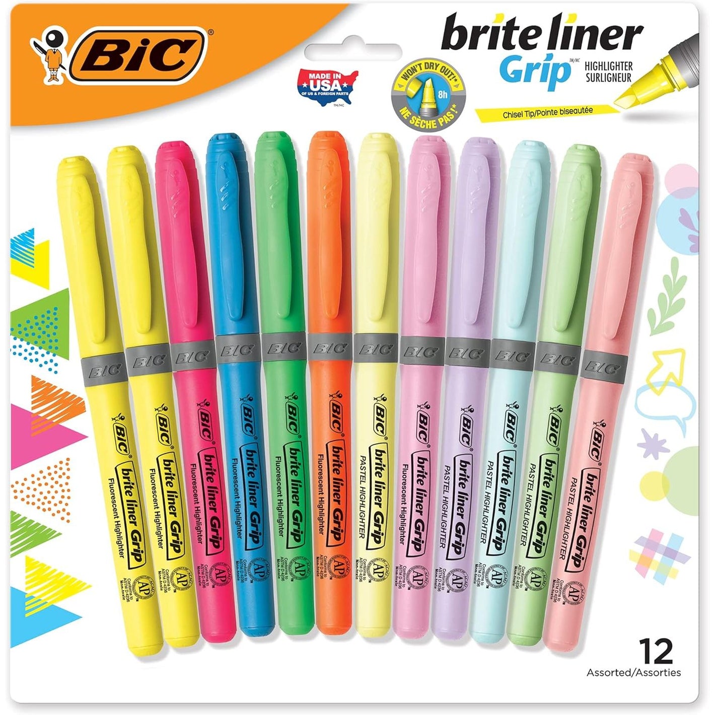 BIC Brite Liner Grip Highlighters; Chisel Tip (1.6mm); Assorted Pastel and Fluorescent; For Broad Highlighting & Fine Underlining; 12-Count