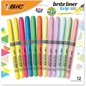 BIC Brite Liner Grip Highlighters; Chisel Tip (1.6mm); Assorted Pastel and Fluorescent; For Broad Highlighting & Fine Underlining; 12-Count
