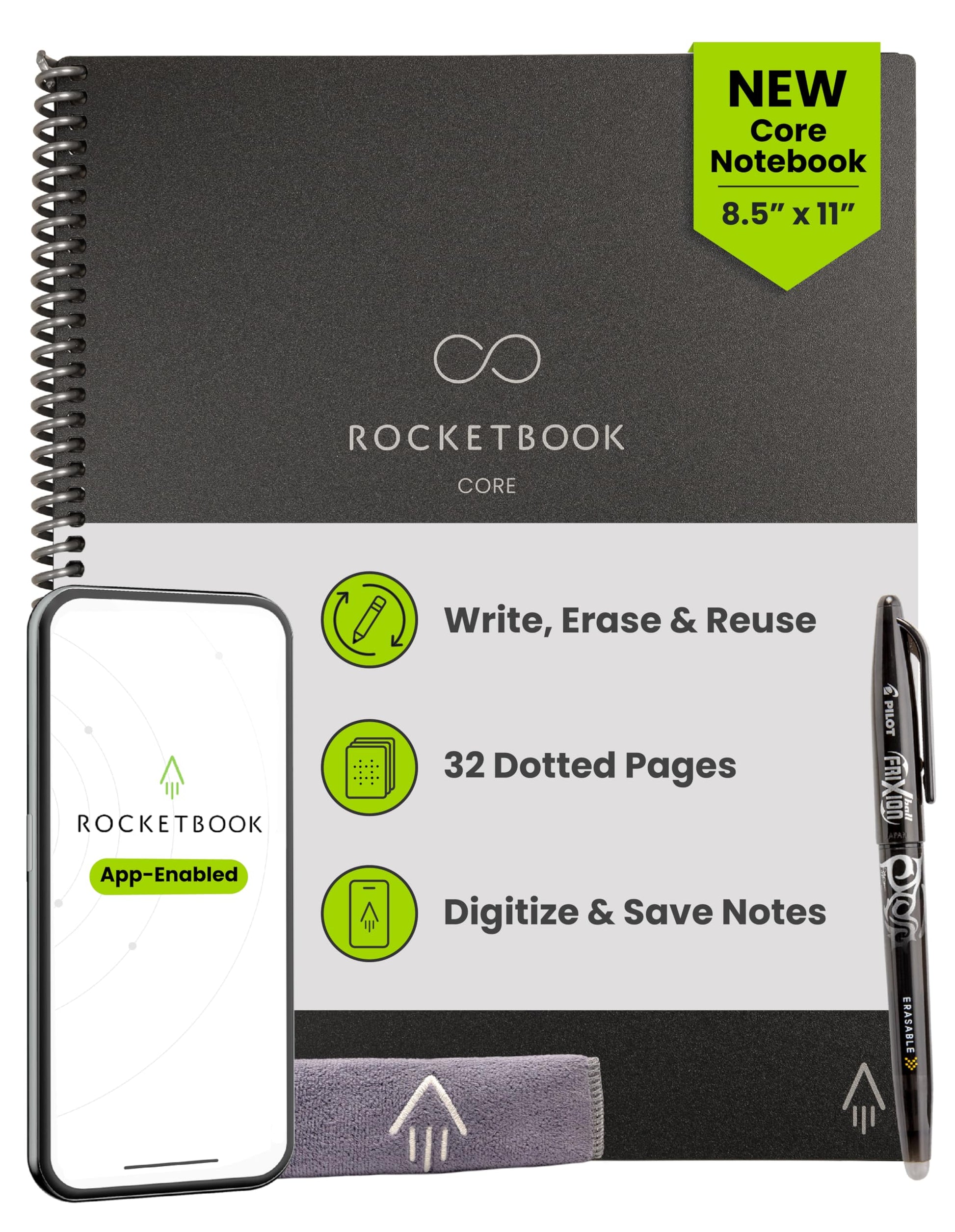 Buy now Rocketbook Core Reusable Spiral Notebook, Letter Size 8.5x11, Black - Dotted Pages, App-Connected, Erasable, Durable Cover, Ideal for School, Work, and Creative Projects Premium Letter Black at indiglob india
