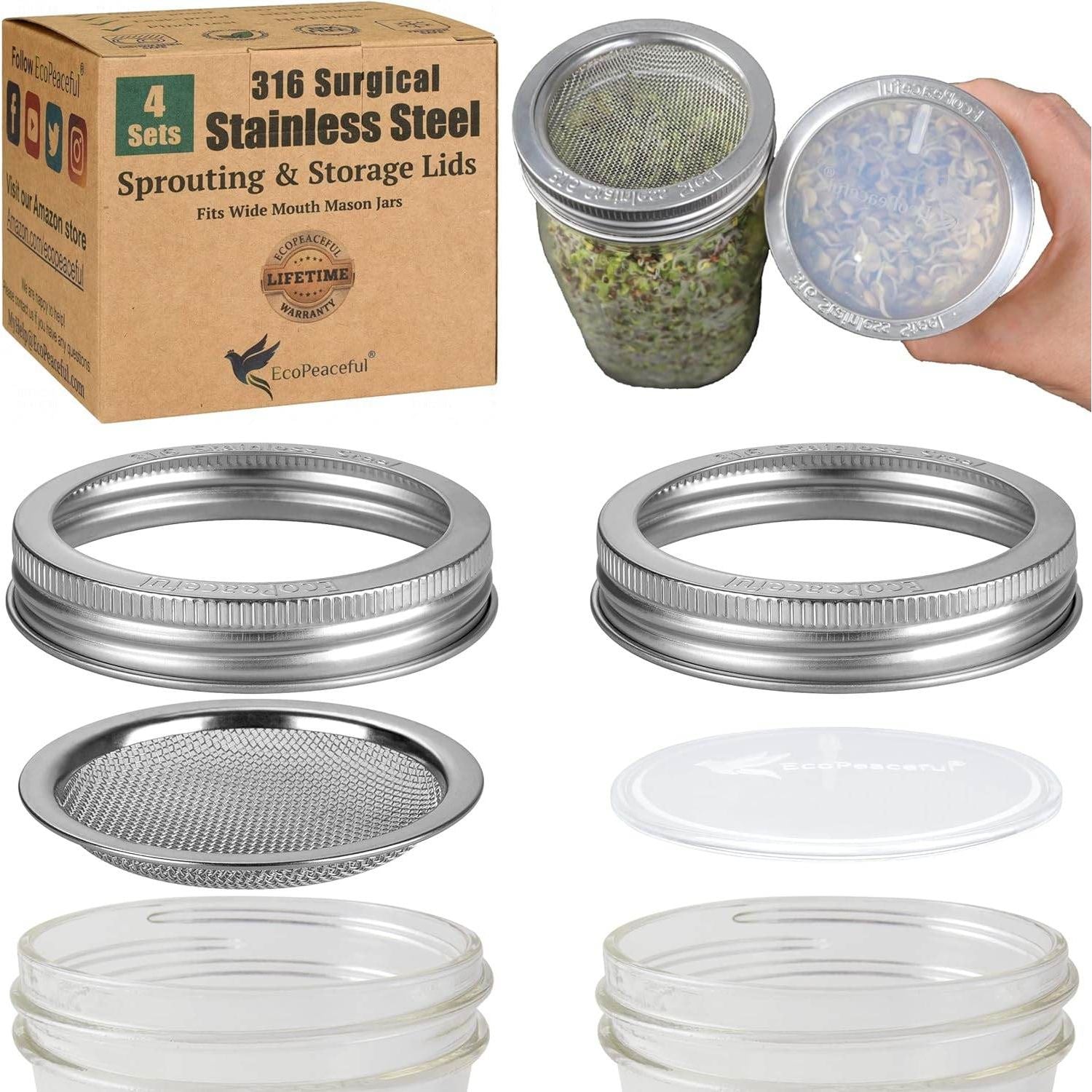 4 Pack Mason Jar Sprouting Lids for Wide Mouth Mason Jars (Ball or Kerr) - 316 Surgical Stainless Steel Curved Mesh Sprouting Set (4 Rings, 4 Screens, 4 Inserts) - Strainer Sifter - My Store
