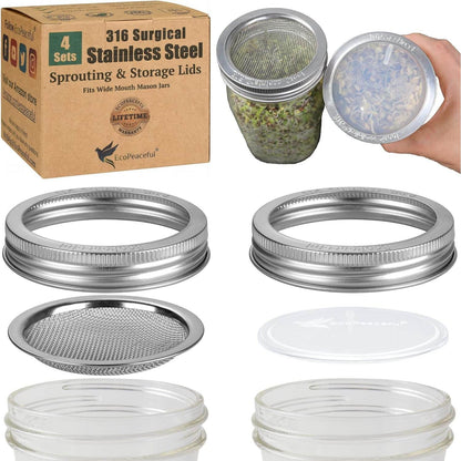 4 Pack Mason Jar Sprouting Lids for Wide Mouth Mason Jars (Ball or Kerr) - 316 Surgical Stainless Steel Curved Mesh Sprouting Set (4 Rings, 4 Screens, 4 Inserts) - Strainer Sifter - My Store