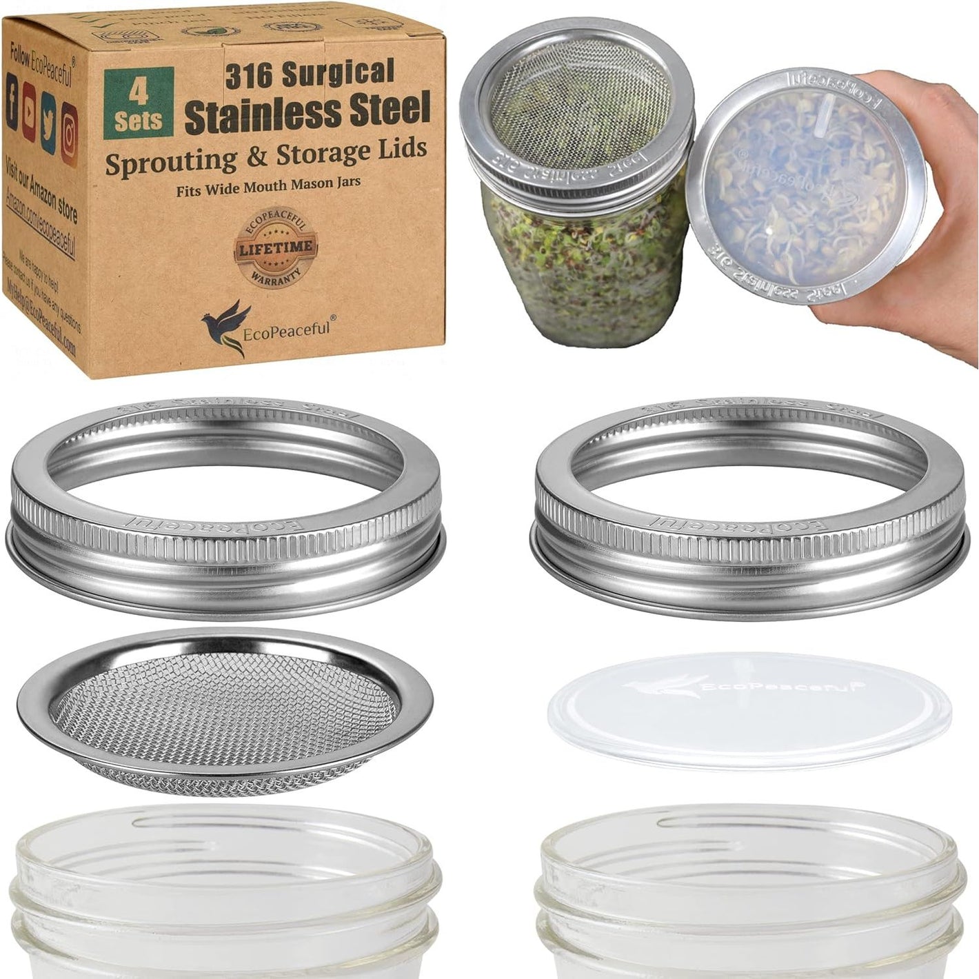 4 Pack Mason Jar Sprouting Lids for Wide Mouth Mason Jars (Ball or Kerr) - 316 Surgical Stainless Steel Curved Mesh Sprouting Set (4 Rings, 4 Screens, 4 Inserts) - Strainer Sifter