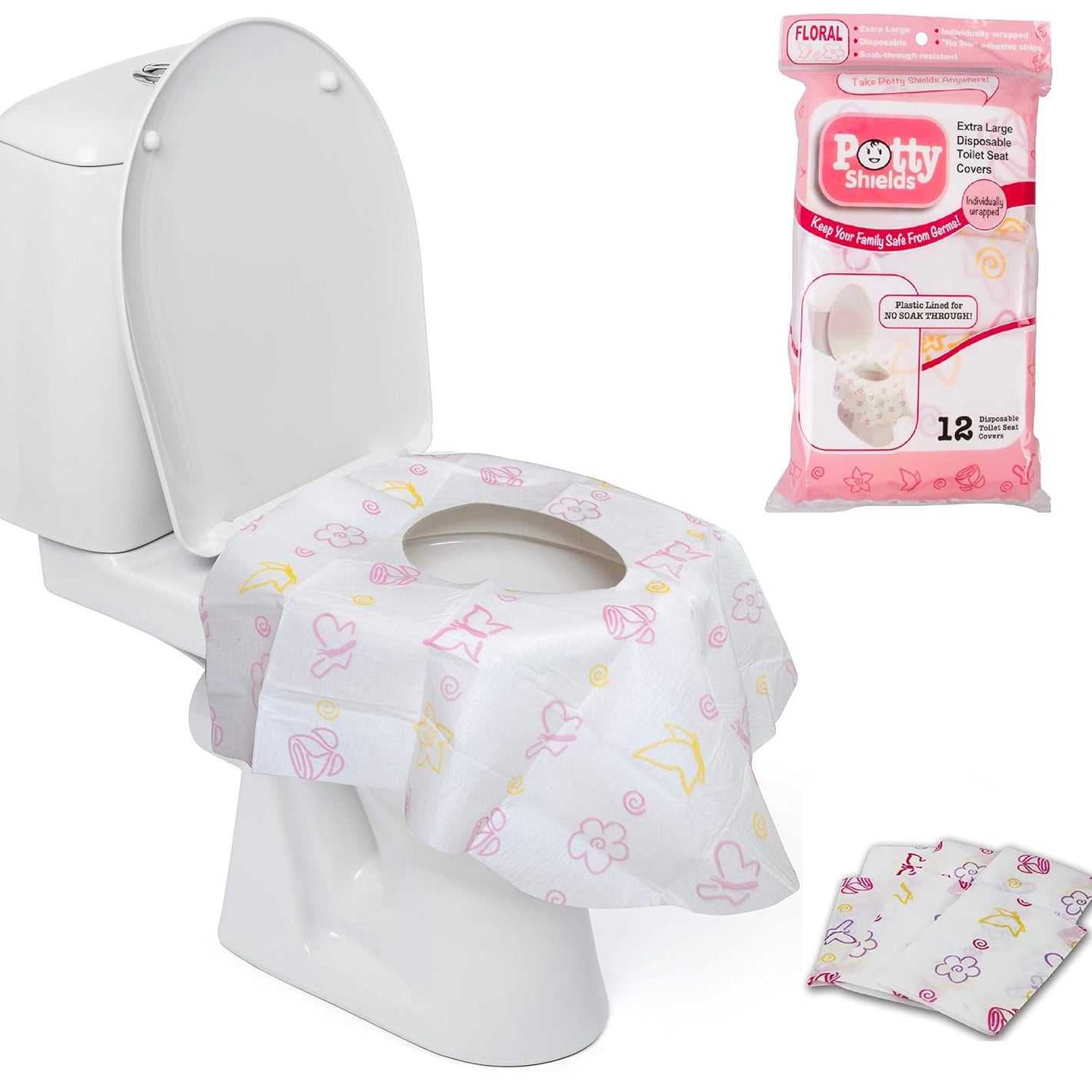 Buy now Toilet Seat Covers Disposable (12 Pack, Floral) - XL Waterproof Toilet Cover for Toddlers, Kids & Adults - Portable & Individually Wrapped for Travel, Potty Training & Public Restrooms at indiglob india