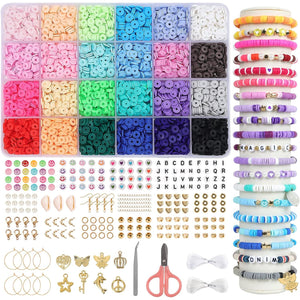 QUEFE 4500pcs Clay Heishi Beads for Bracelet Making, 24 Colors Flat Round Polymer Clay Beads 6mm Spacer Beads with Pendant Charms Kit for Jewelry Making Kit Bracelets Necklace