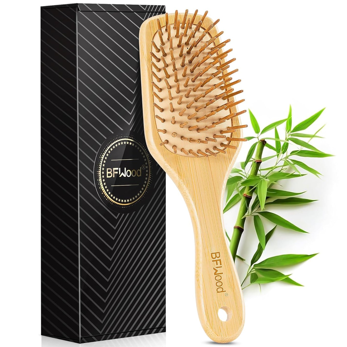 BFWood Bamboo Paddle Hairbrush with Bamboo Bristles for Massaging Scalp