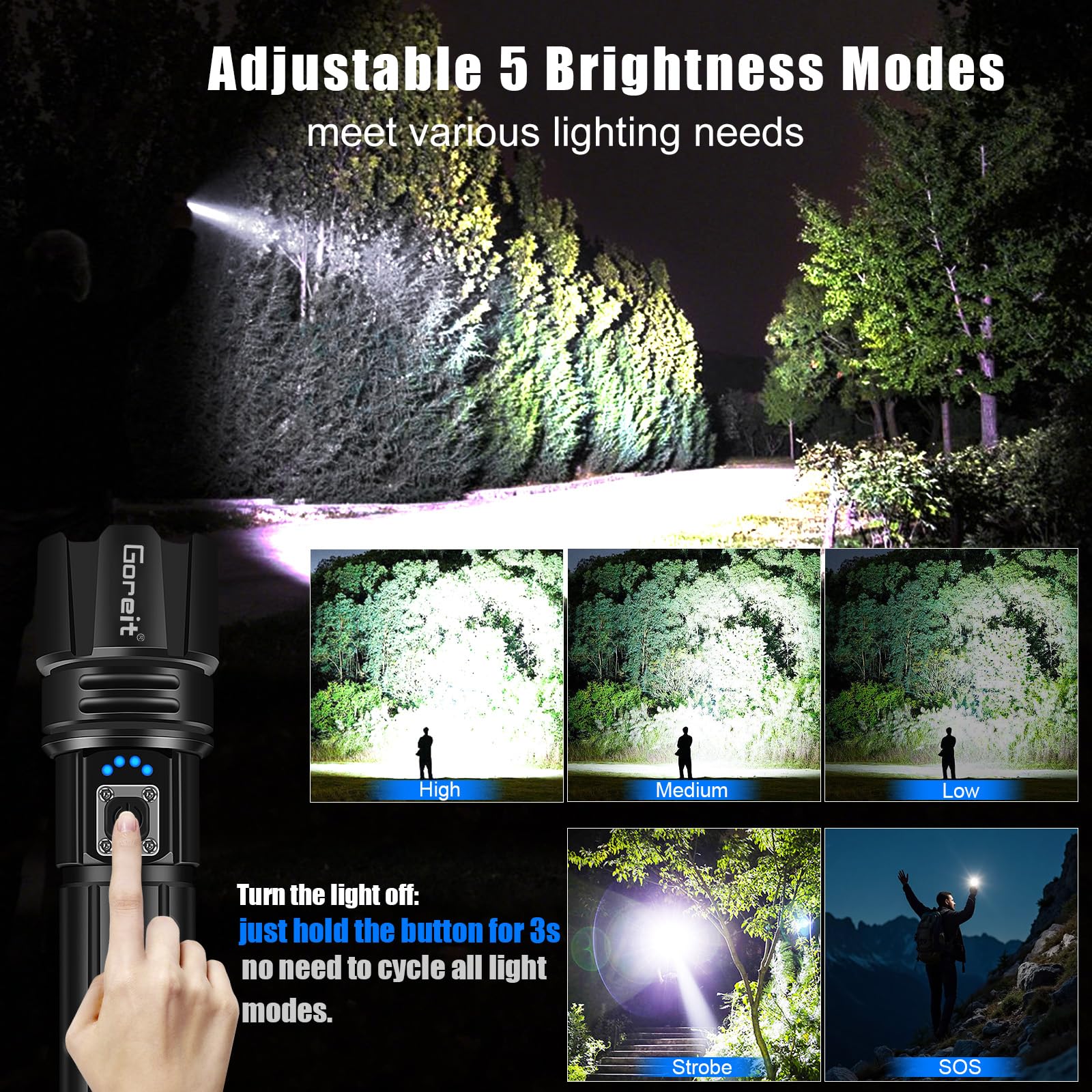 Buy now Goreit Super Bright LED Flashlight - 30W Output for 20000 Lumens & 3937ft Beam, USB-C Rechargeable with 12H Runtime, IP67 Waterproof Powerful Handheld Linternas for Home, Camping, Hiking, Emergency at indiglob india