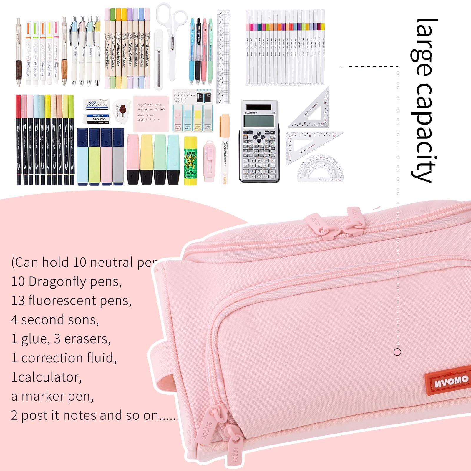 Buy now HVOMO Big Capacity Pencil Case High Large Storage Pouch Marker Pen Case Travel Simple Stationery Bag School College Office Organizer for Teens Girls Adults Student（Pink） at indiglob india