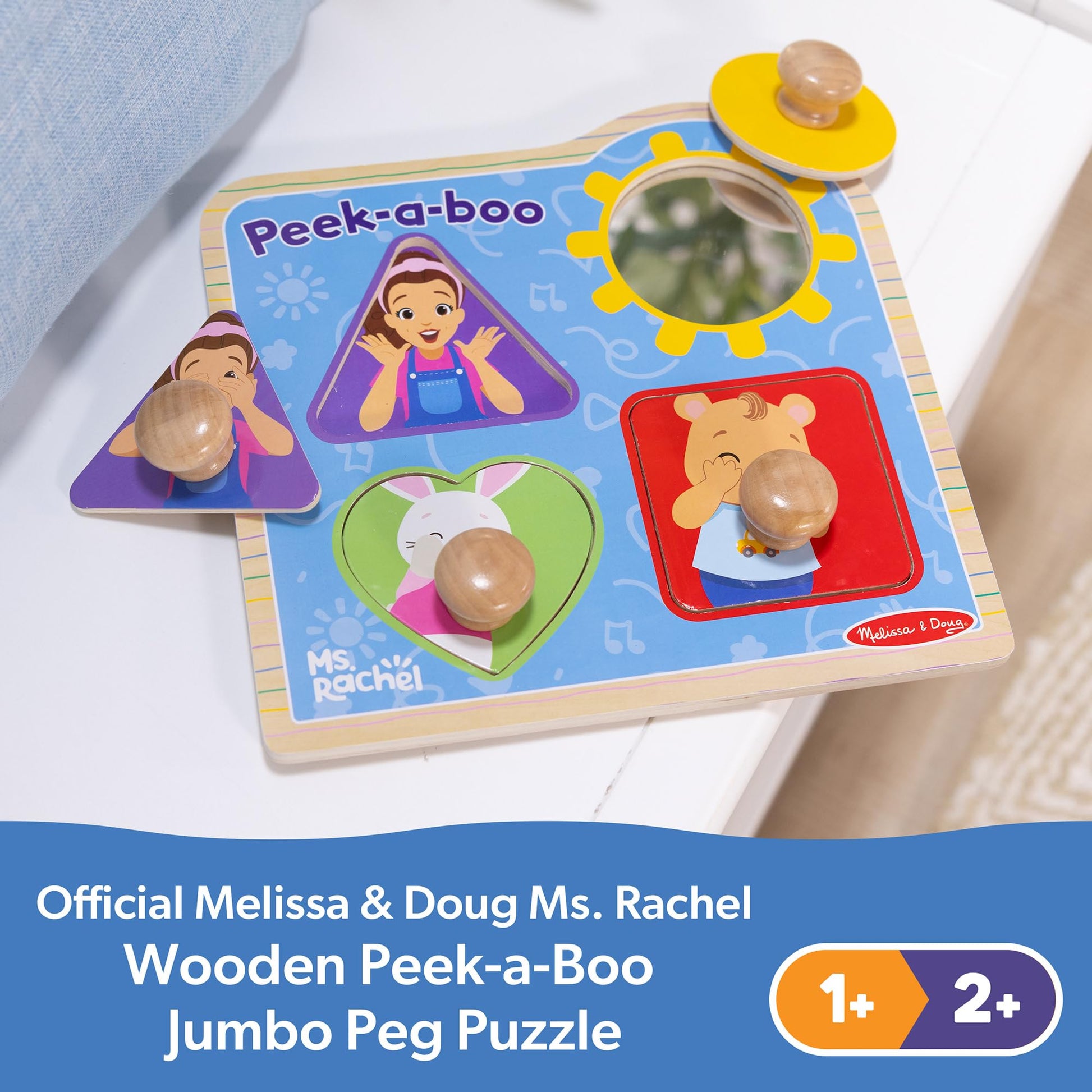 Buy now Melissa & Doug?? Ms. Rachelƒ?› Wooden Peek-a-Boo Jumbo Peg Puzzle, 4-Piece with Mirror, Toddler Toys for Boys and Girls Ages 1+ Years at indiglob india