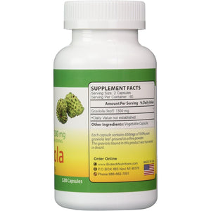 Graviola 100% Pure Graviola 1300mg Per Servings 120 Capsules Per Bottle (Annona muricata)