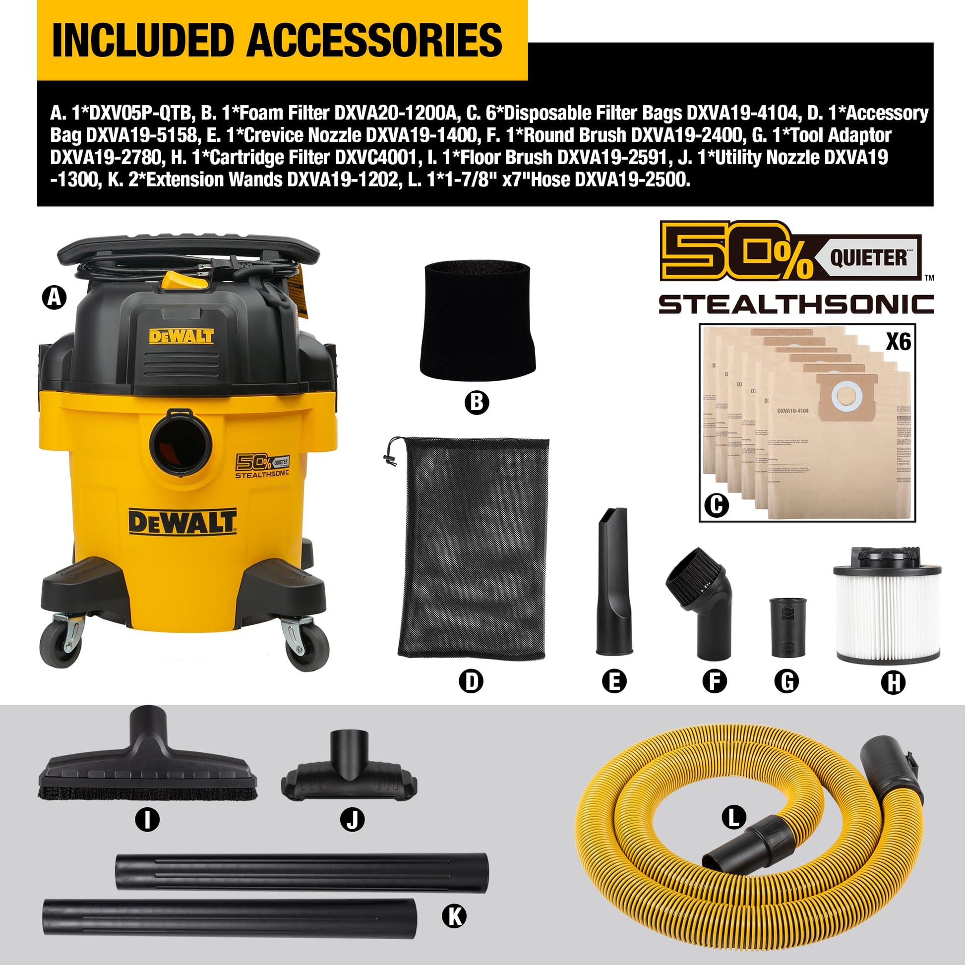 Buy now DEWALT Shop Vacuum 5-Gallon 4 HP STEALTHSONIC Wet/Dry Vacuum Cleaner DXV05P-QTB with 6 Dust Bags Ultra Quiet Poly Shop Vacuum with Powerful Suction for Garage, Jobsite, and Workshop at indiglob india
