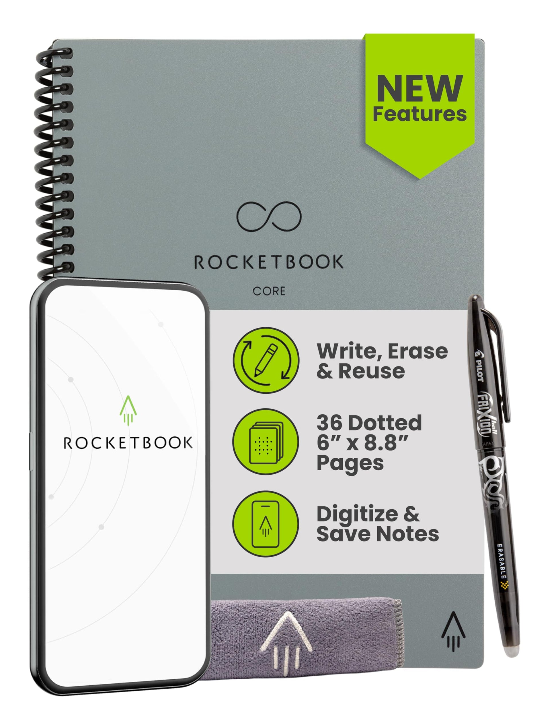 Buy now Rocketbook Core Reusable Spiral Notebook, Letter Size 8.5x11, Black - Dotted Pages, App-Connected, Erasable, Durable Cover, Ideal for School, Work, and Creative Projects Premium Executive Gray at indiglob india