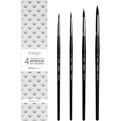 ARTEGRIA Watercolor Brush Set, 4 Professional Pointed Round Soft Synthetic Squirrel Paint Brushes, Sizes # 2, 4, 6, 8