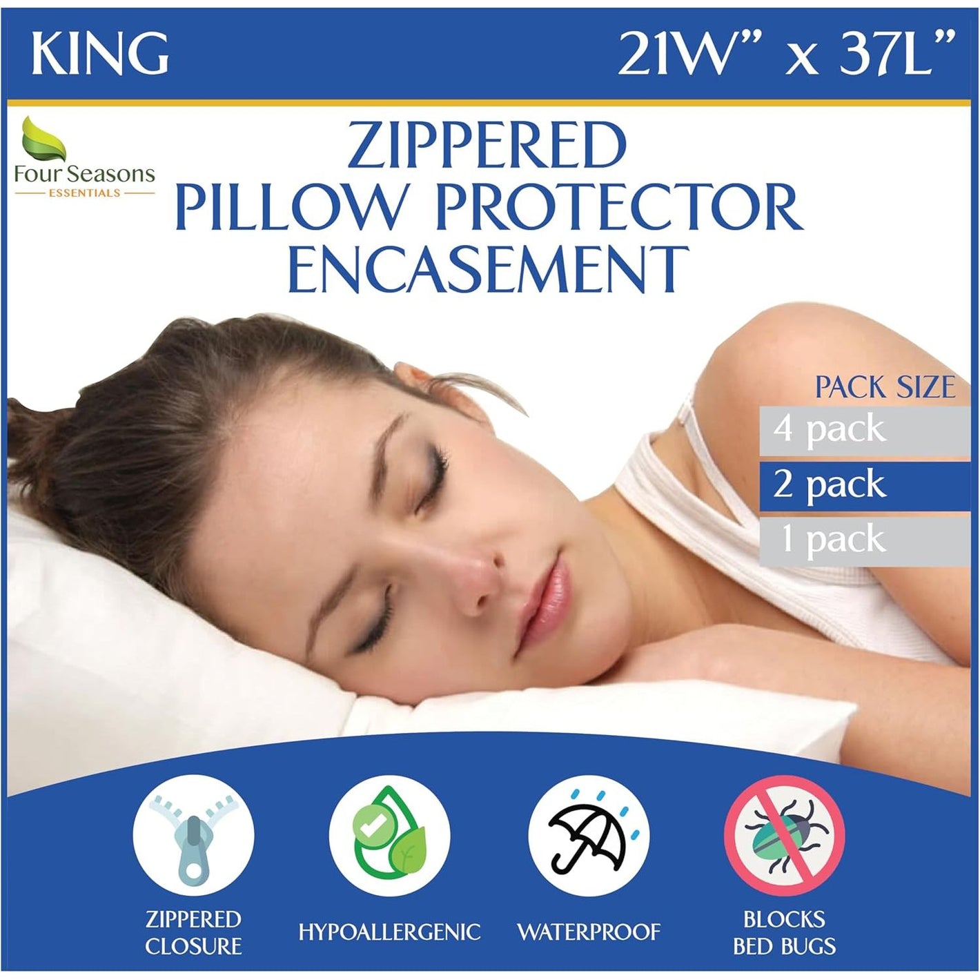 Four Seasons Essentials Waterproof King Pillow Protectors (Set of 2) – Zippered Pillow Cover Hypoallergenic Dust Allergy Proof Encasement