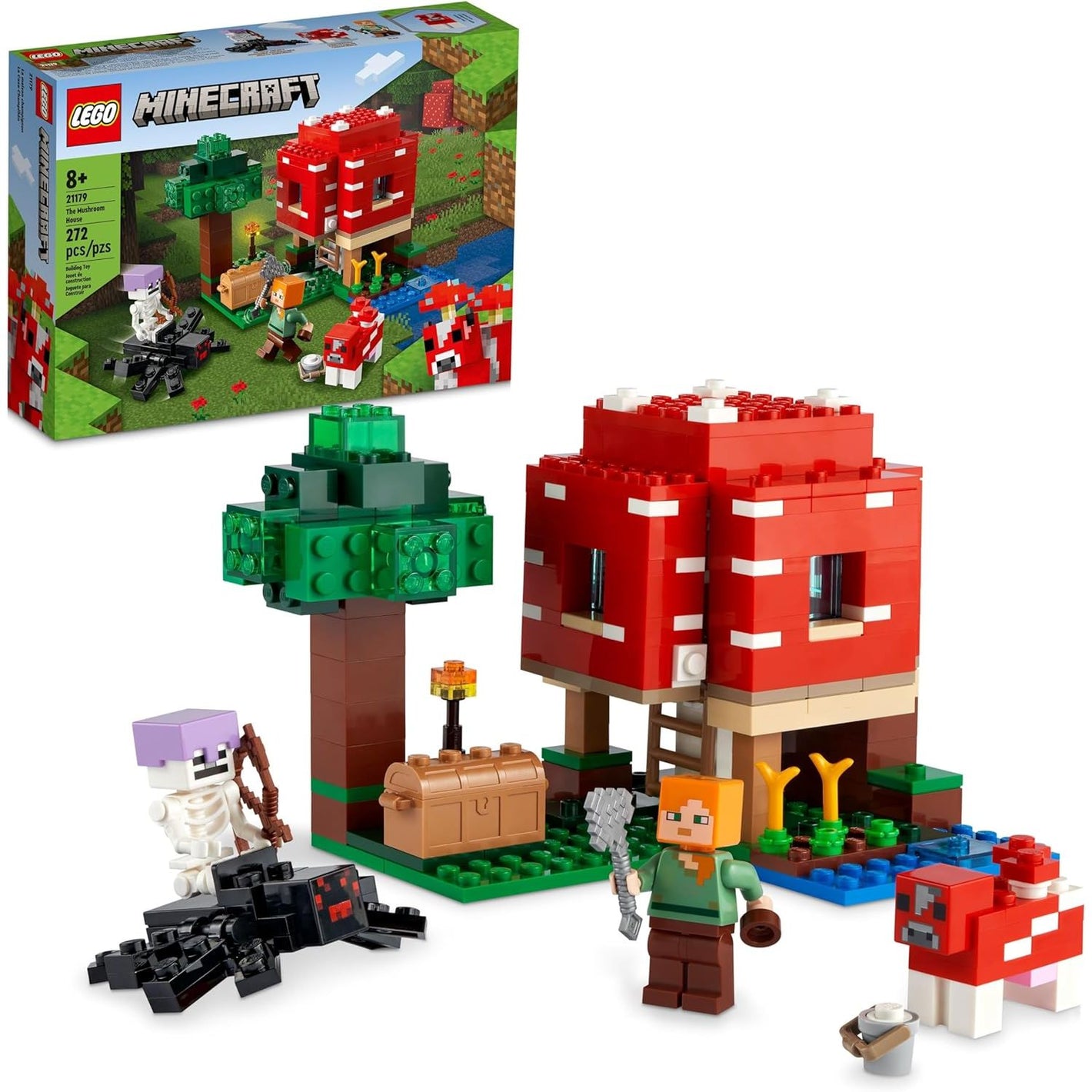 LEGO Minecraft The Mushroom House Set, 21179 Building Toy for Kids Age 8 Plus, Gift Idea with Alex, Mooshroom & Spider Jockey Figures