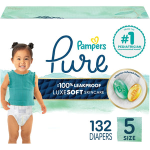 Pampers Pure Protection Baby Diapers, Size 5 (27+ lbs), 132 Count, Up to 100% Leakproof, Premium Plant-based Skin Protection, Hypoallergenic Soft Diapers