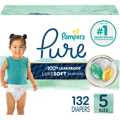 Pampers Pure Protection Baby Diapers, Size 5 (27+ lbs), 132 Count, Up to 100% Leakproof, Premium Plant-based Skin Protection, Hypoallergenic Soft Diapers