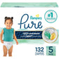 Pampers Pure Protection Baby Diapers, Size 5 (27+ lbs), 132 Count, Up to 100% Leakproof, Premium Plant-based Skin Protection, Hypoallergenic Soft Diapers