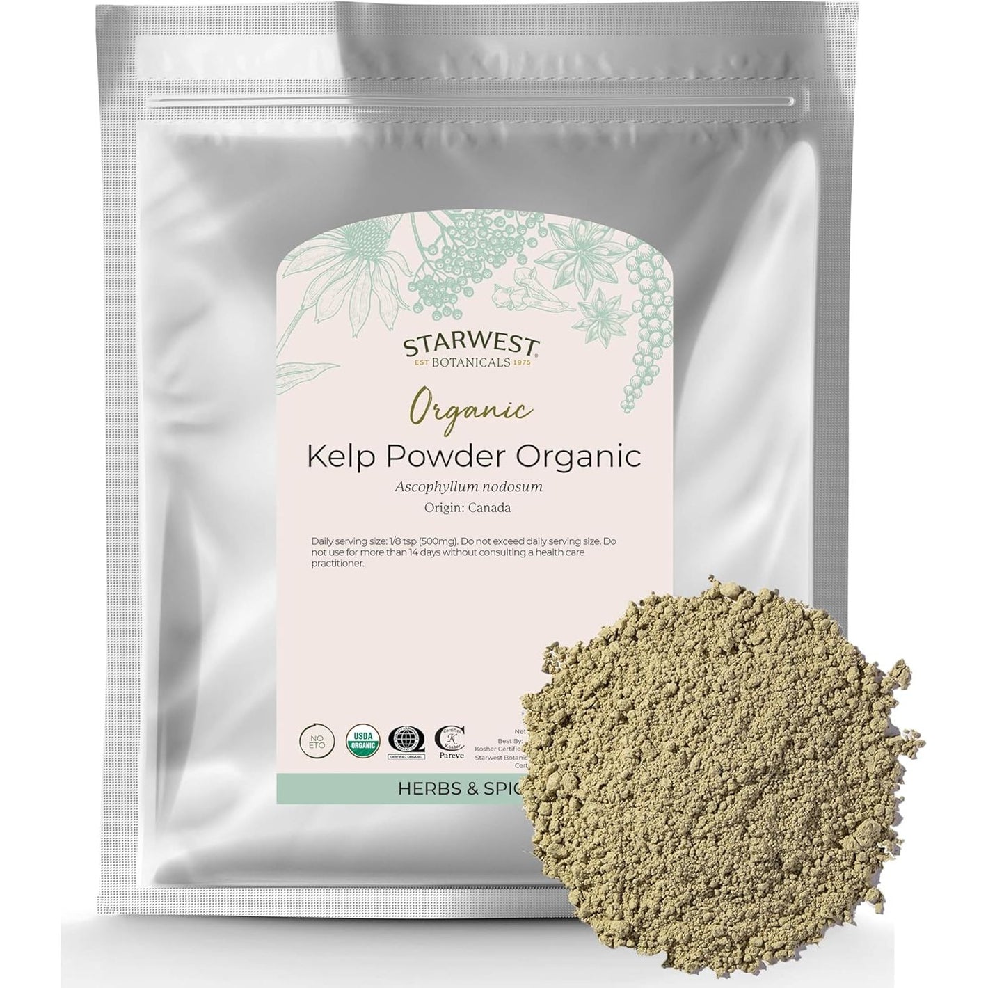 Starwest Botanicals Organic Kelp Powder - Nutrient Rich, Natural Source of Iodine, Potassium, Magnesium, Zinc, Iron, & Calcium, Certified Kosher, Non-GMO - 16 oz Bag