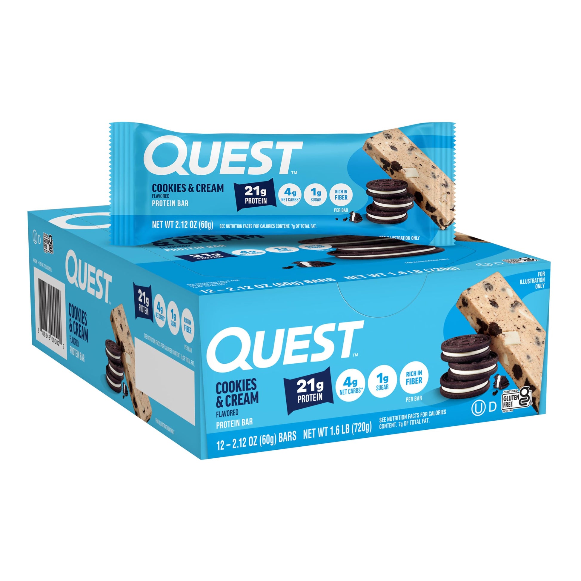 Buy now Quest Nutrition Chocolate Brownie Protein Bar, 20g Protein, 1g Sugar, 4g Net Carb, High Fiber, Gluten Free, 12 Count Cookies and Cream 12 Count at indiglob india