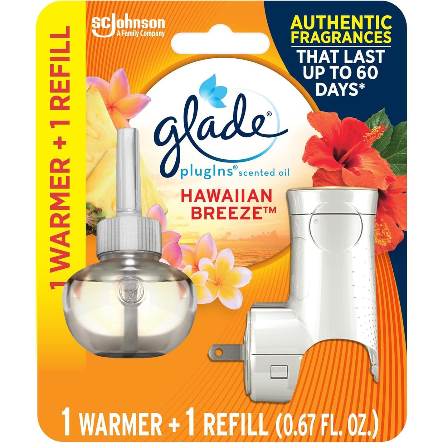 Glade PlugIns Refills Air Freshener Starter Kit, Hawaiian Breeze, Scented and Essential Oils for Home and Bathroom, 0.67 Fl Oz, 1 Warmer + 1 Refill