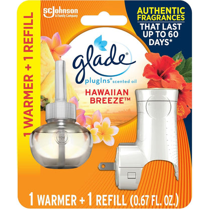 Glade PlugIns Refills Air Freshener Starter Kit, Hawaiian Breeze, Scented and Essential Oils for Home and Bathroom, 0.67 Fl Oz, 1 Warmer + 1 Refill