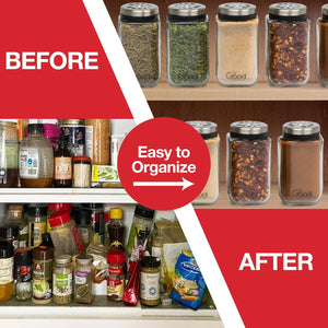 Adjustable Glass Spice Jars (Set of 24) with 6 Pouring Sizes- Stainless Steel Lid/Cap- Square Seasoning Bottle Containers for Minimalist Kitchen Pantry Storage Organization- Fill Shaker w Salt Pepper