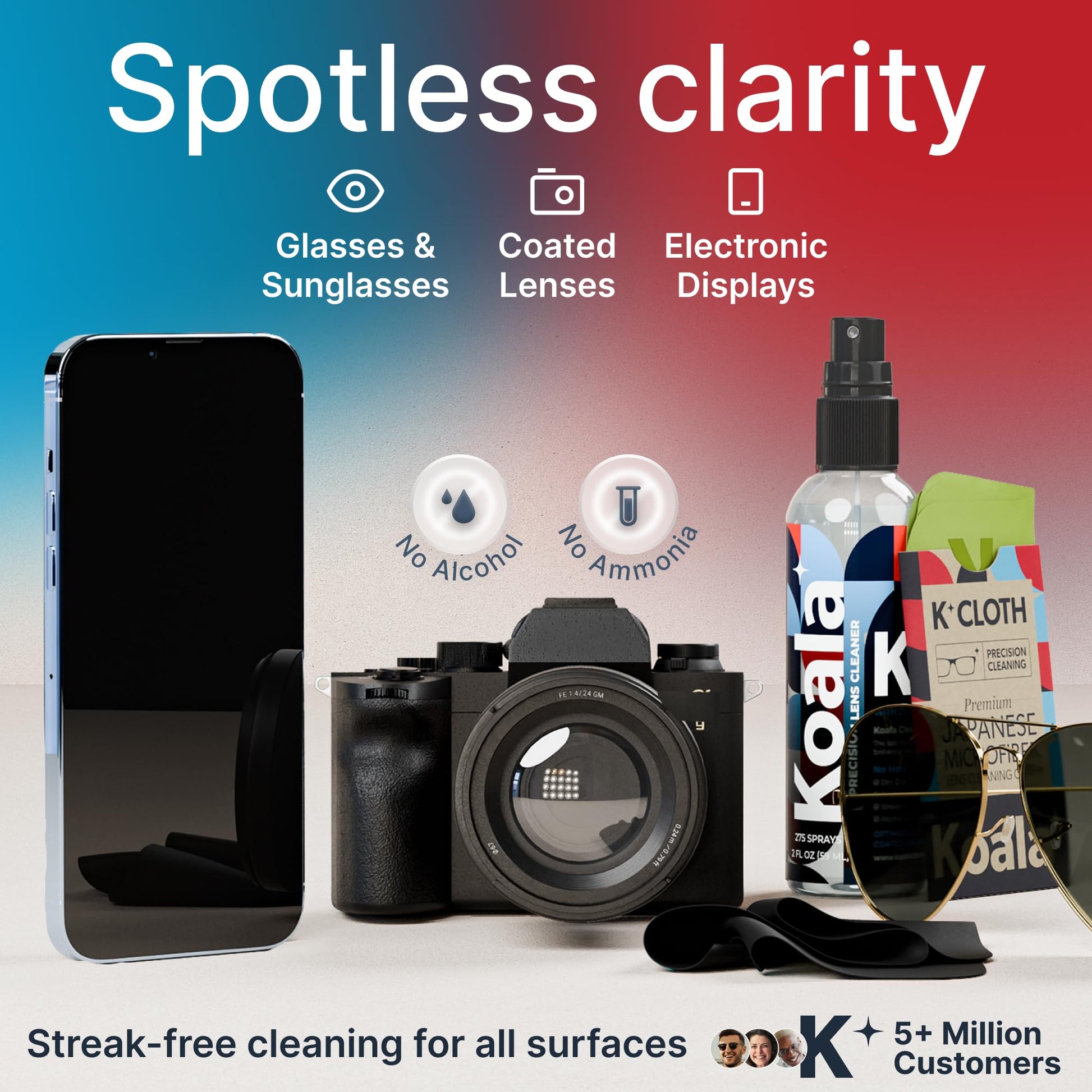 Buy now Koala Eyeglass Lens Cleaner Spray Kit | (2x) Glasses Cleaner Bottle + (2x) Microfiber Cloth | Alcohol Free Eyeglasses, Screen, and Camera Cleaning Kit | Made in USA (4 Piece Set) at indiglob india