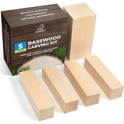 BeaverCraft Basswood Carving Blocks 5PCS Whittling Wood for Carving - Large, Small Wooden Blocks for Crafts, Unfinished Wood BW1