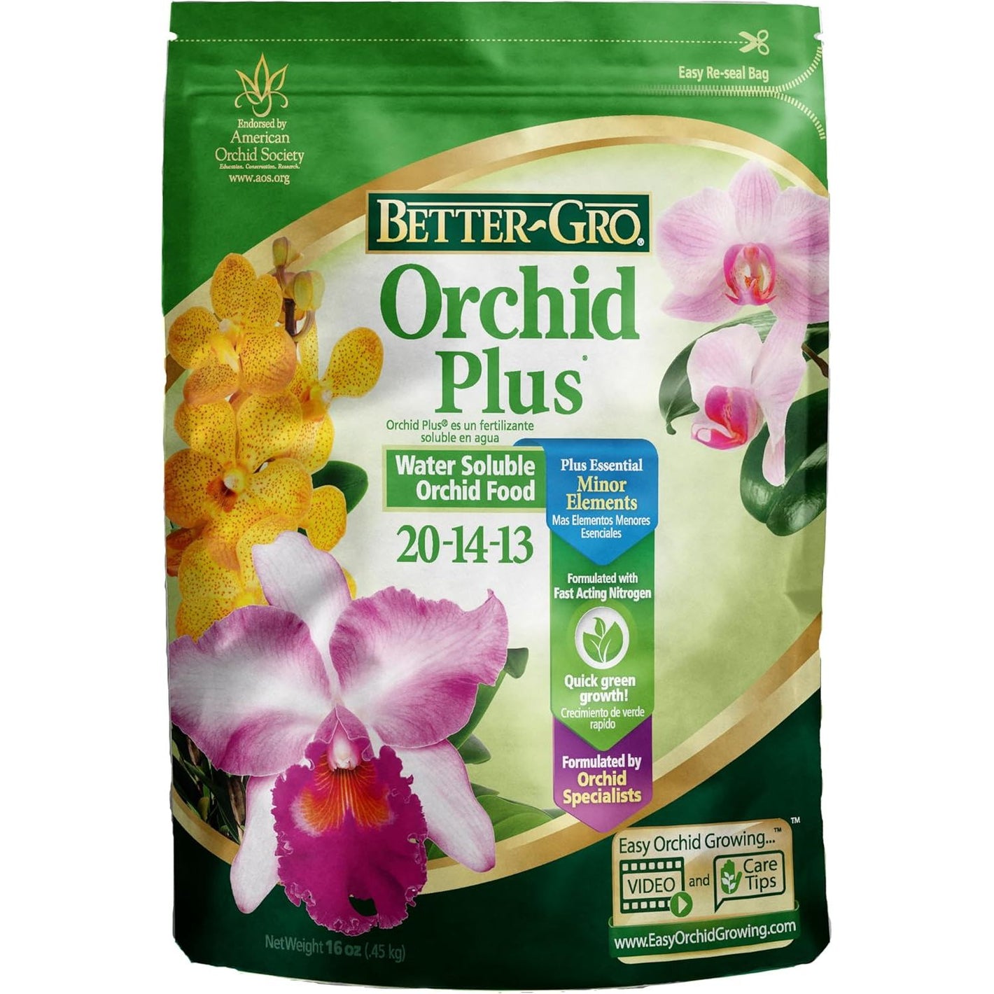 Better-Gro Orchid Plus 20-14-13 - Urea-Free Orchid Fertilizer for Vigorous Growth, Water Soluble, Nitrate Nitrogen-Rich, Ideal for Indoor Potted Plants and Tropical Plants - 16 oz Resealable Bag