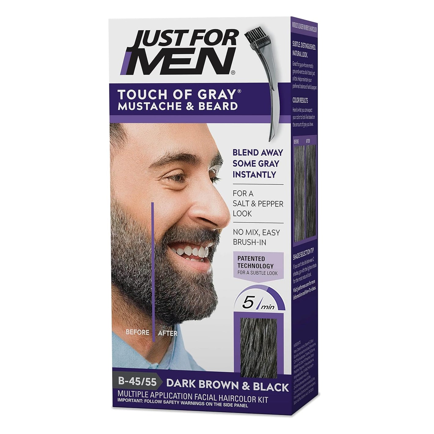 Just For Men Touch of Gray Mustache & Beard, Beard Coloring for Gray Hair with Brush Included for Easy Application, Great for a Salt and Pepper Look - Dark Brown & Black, B-45/55, Pack of 1