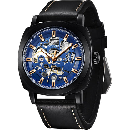 Benyar Automatic Watches for Men | Skeleton Mechanical Leather Strap Mens Watch | 45mm Dial | 30M Waterproof | Men's Stylish Gift