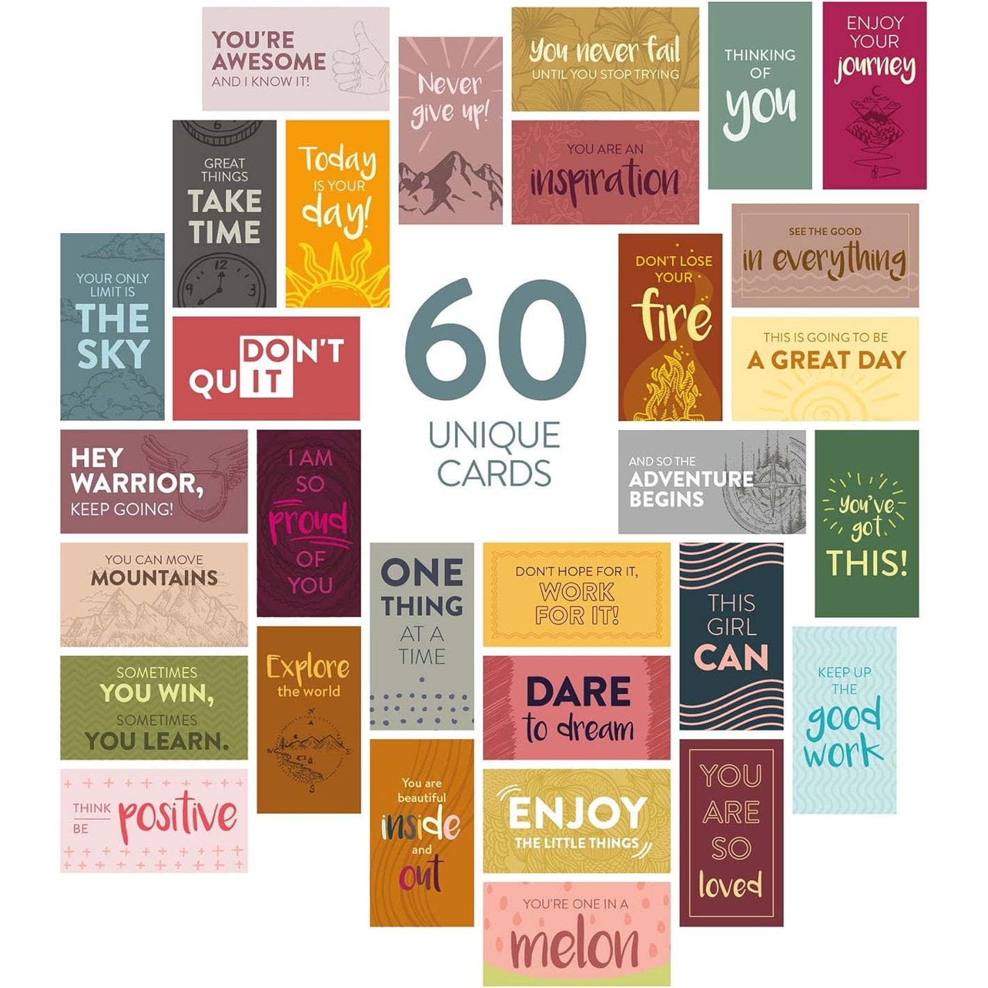 DIVERSEBEE 60 Pack Assorted Motivational Cards - Inspirational and Kindness Mini Note Cards, Gratitude Encouragement Card Set with 60 Unique Motivational Quotes Business Card Size (Assorted)