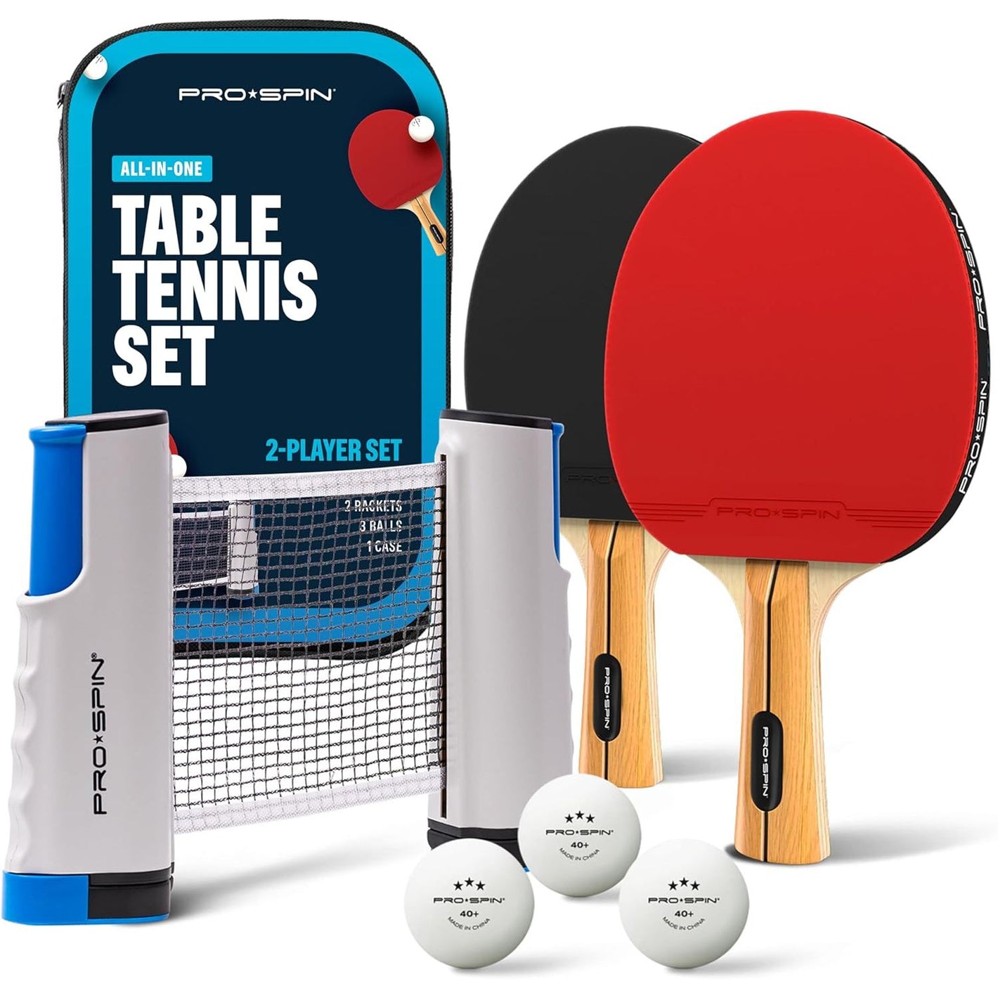 PRO SPIN All-in-One Ping Pong Set - Retractable Ping Pong Net for Any Table (72"), Ping Pong Paddles and Balls, Storage Case - Portable Table Tennis Family Games, Gifts for Boys & Girls