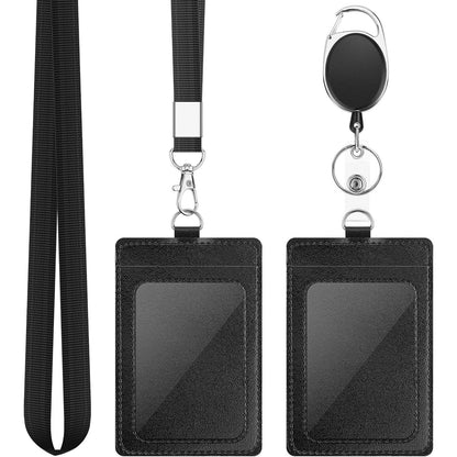 2 Pack Badge Holders, Vertical PU Leather ID Badge Card Holder with Detachable Neck Lanyard Strap and Retractable Badge Reel ID Card Holders Set