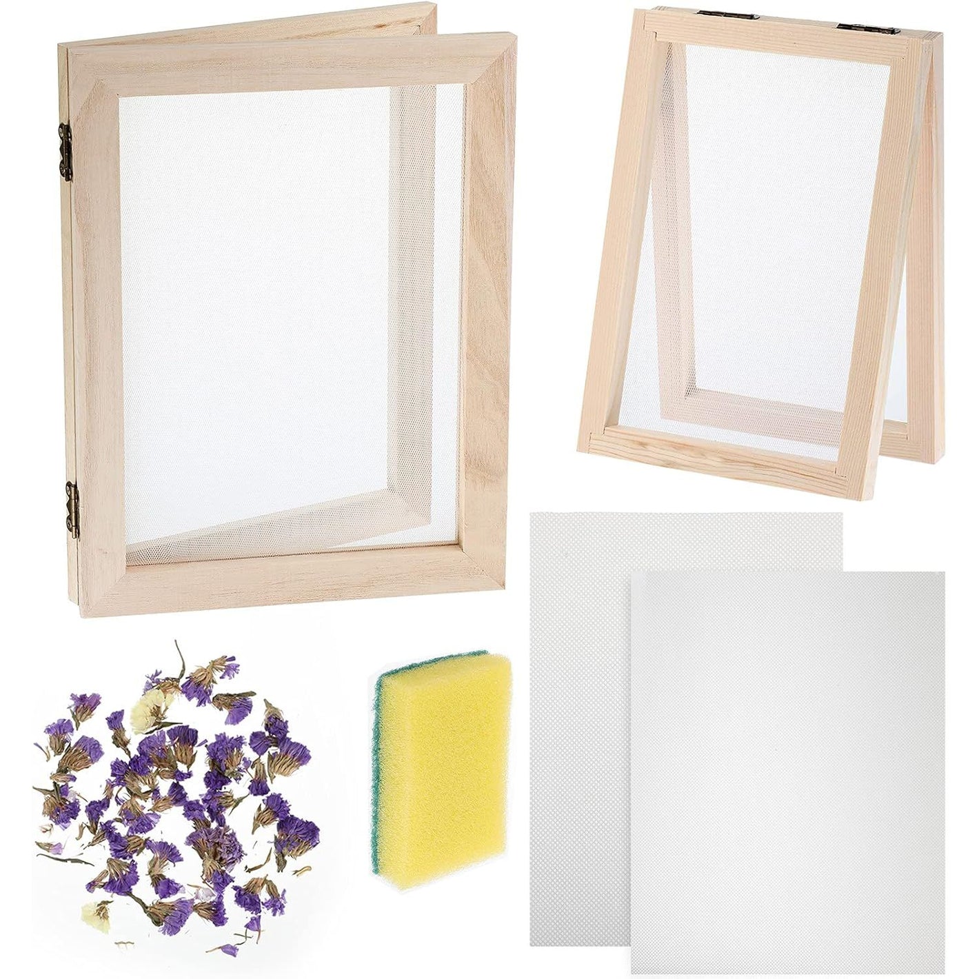 Honoson 12 Pieces Paper Making Kit, 2 Size Wooden Paper Making Mould Frame, Dried Flowers, Sponge with Replace Mesh Cloth for DIY Craft