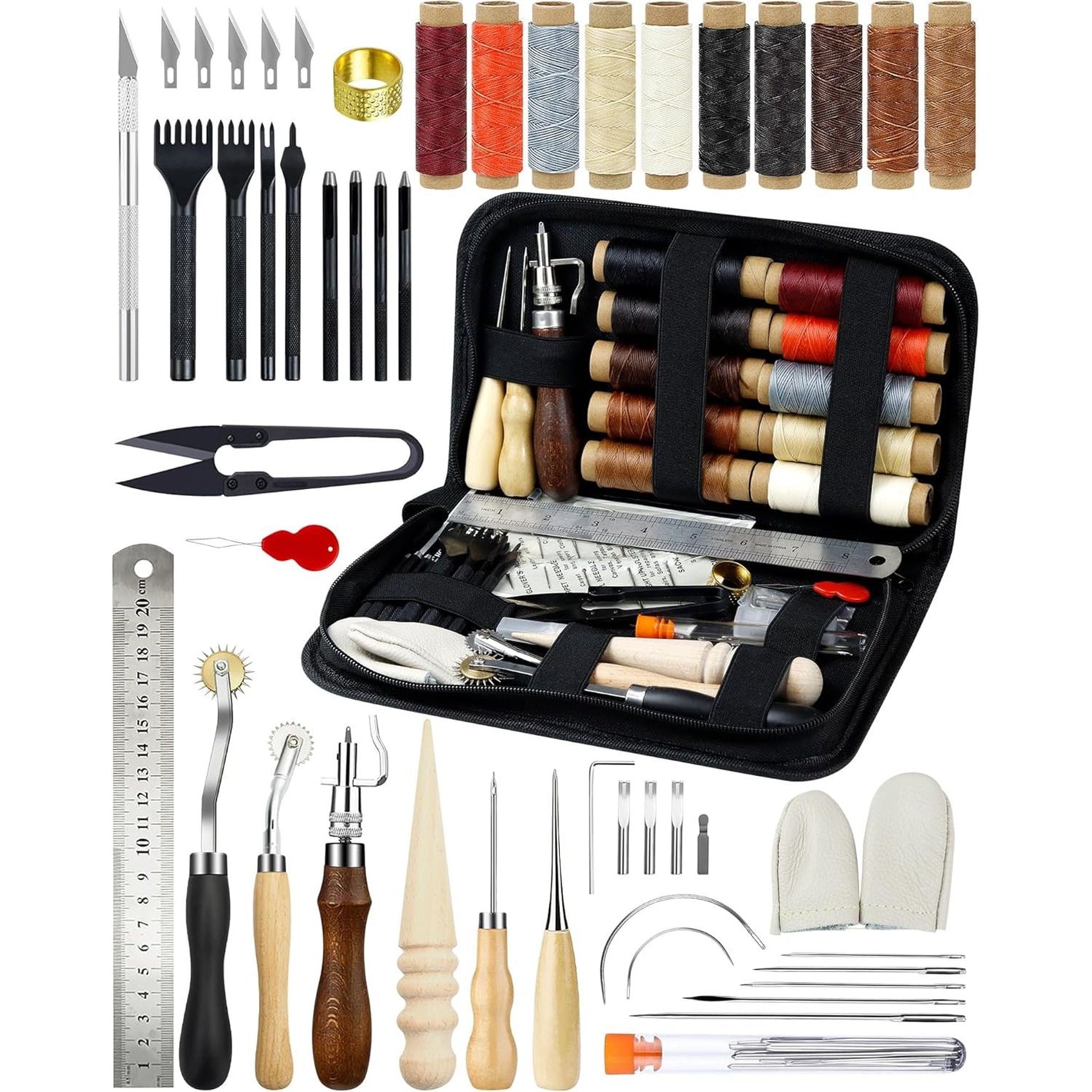 PLANTIONAL Leather Working Tools for Beginners: Professional Leather Craft Kit with Waxed Thread Groover Awl Stitching Punch for Leathercraft Adults Gifts 02
