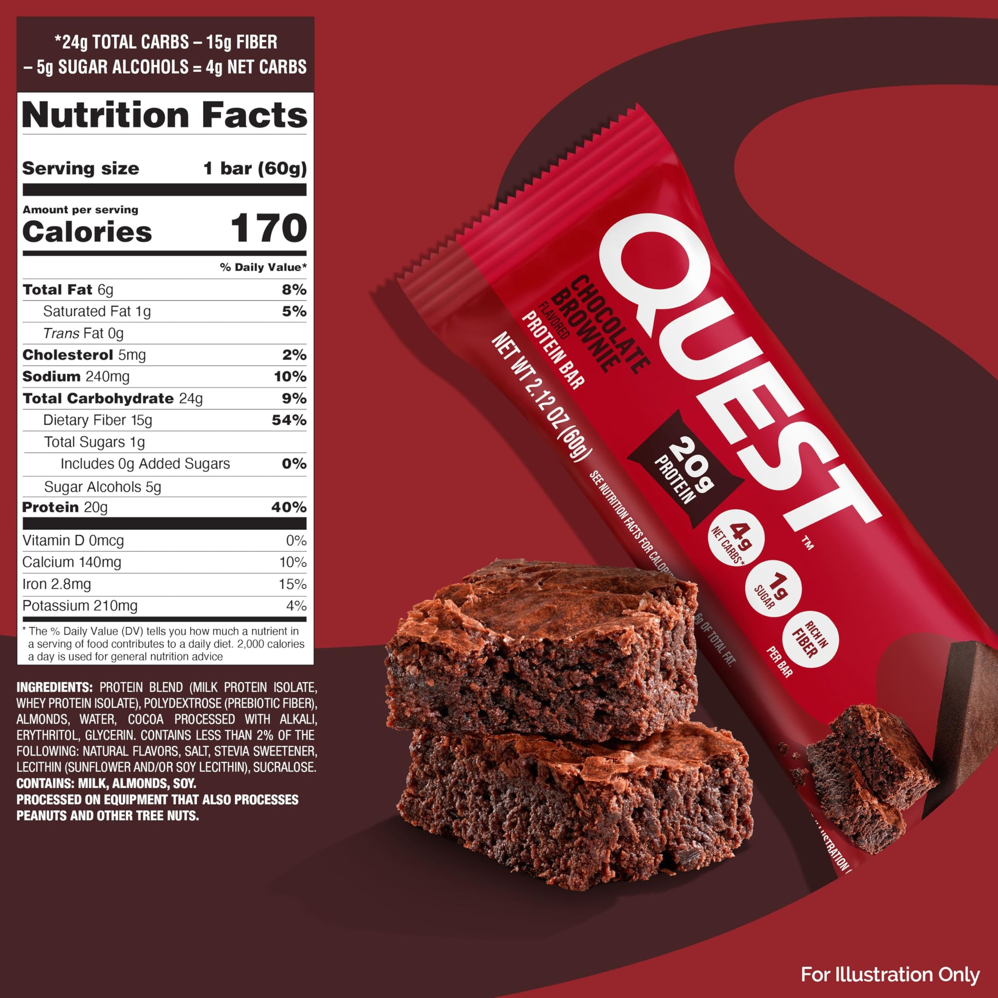 Buy now Quest Nutrition Chocolate Brownie Protein Bar, 20g Protein, 1g Sugar, 4g Net Carb, High Fiber, Gluten Free, 12 Count at indiglob india