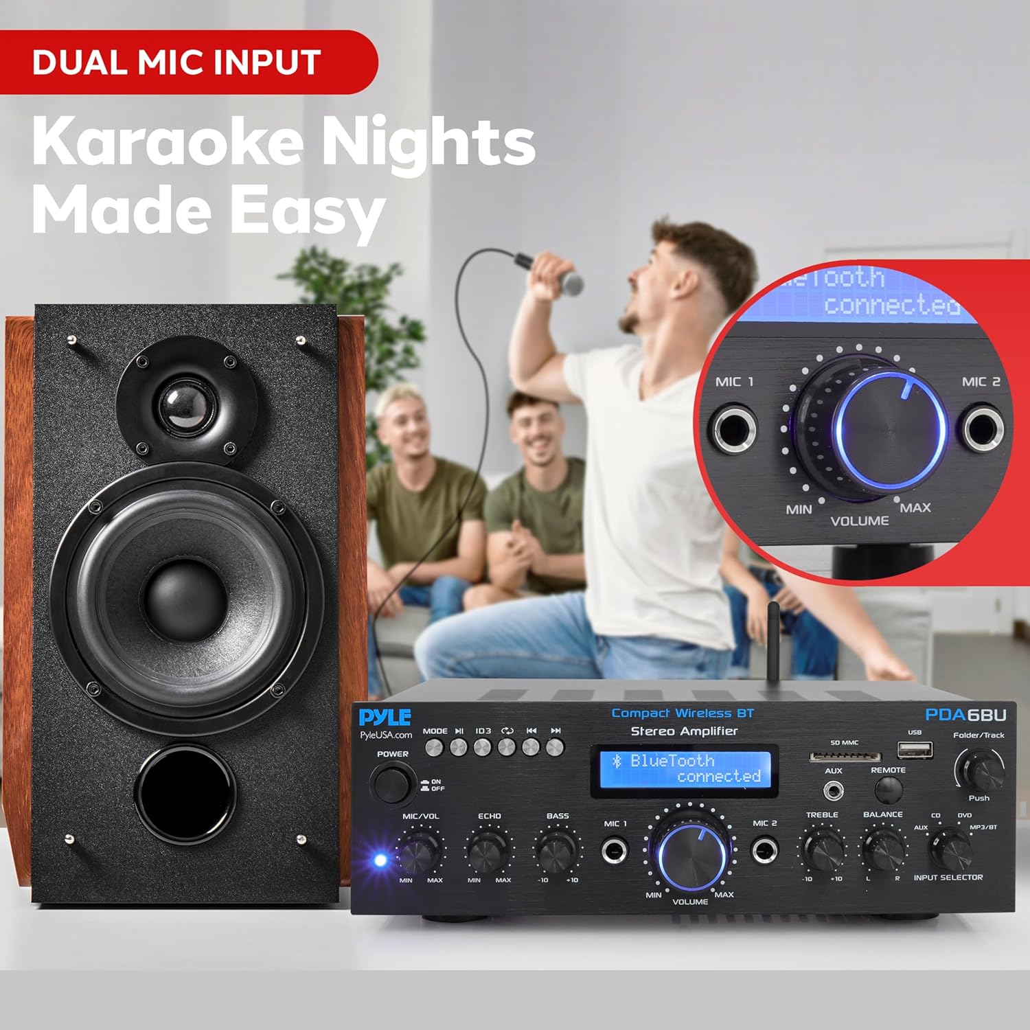 Buy now Pyle Wireless Bluetooth Power Amplifier System - 200W Dual Channel Sound Audio Stereo Receiver w/ USB, SD, AUX, MIC IN w/ Echo, Radio, LCD - For Home Theater Entertainment via RCA, Studio Use - PDA6BU at indiglob india