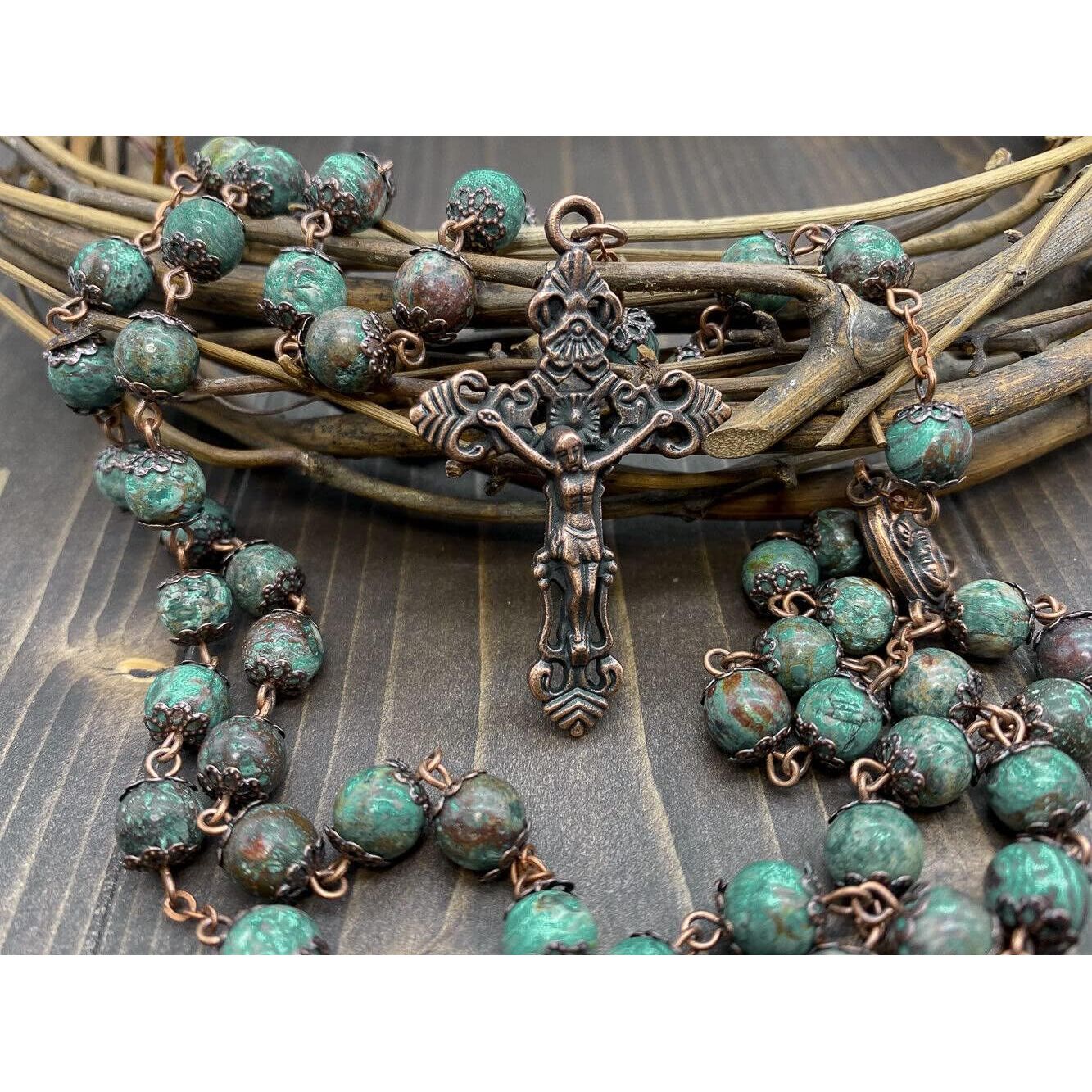 Buy now Nazareth Store Vintage Design Rosary Natural Jasper Stone Beads Necklace Holy Soil Medal & Cross Crucifix Religious Rosaries Terra Santa Jerusalem Collection at indiglob india
