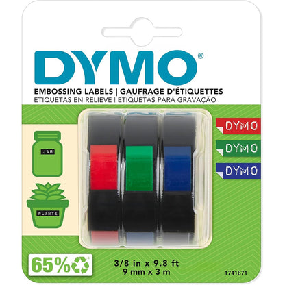 DYMO Self-Adhesive Embossing Labels, White Print on Black Tape, 3/8-Inch x 9.8-Foot Roll, 3 Pack