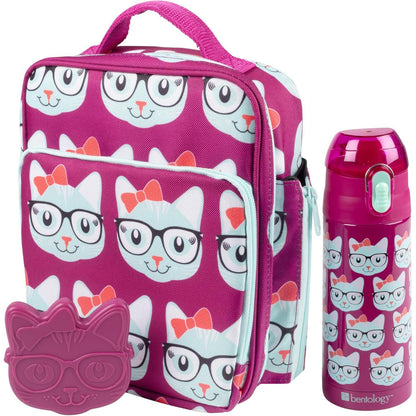 Bentology Kids Lunch Bag Set w Matching Reusable Water Bottle & Hard Ice Pack- Pink Purple Mermaid- Insulated Tote, Stainless Steel Insulated Thermos, Hard Ice Pack- Back to School Lunchbox Kits