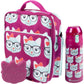 Bentology Kids Lunch Bag Set w Matching Reusable Water Bottle & Hard Ice Pack- Pink Yellow Rainbow Owls- Insulated Tote, Stainless Steel Insulated Thermos, Hard Ice Pack- Back to School Lunchbox Kits